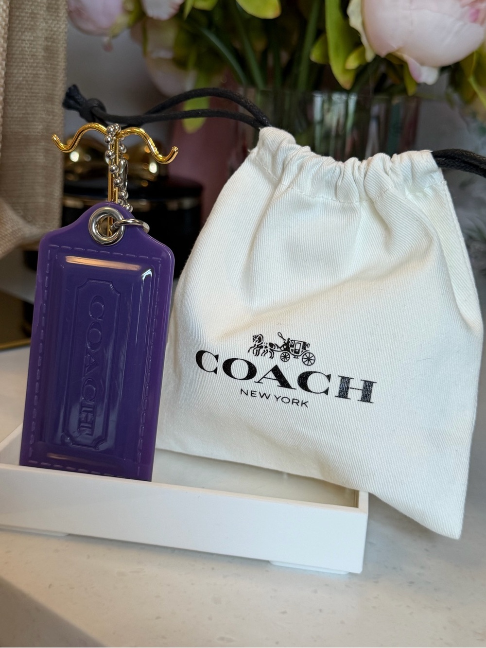 COACH Glossy Purple Poppy Plastic Hang Tag Keychain ~ XL 3 x 1.5 inches